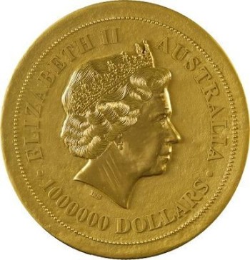 Awers złotej monety o wadze 1 tony z wizerunkiem królowej Elżbiety II i nominale 1 000 000 dolarów australijskich